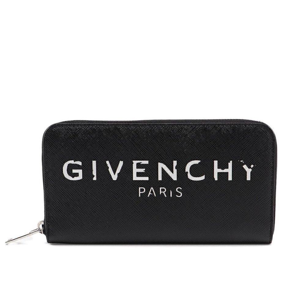 Givenchy Iconic "Givenchy Paris" Logo Print Zip Black Wallet NWT